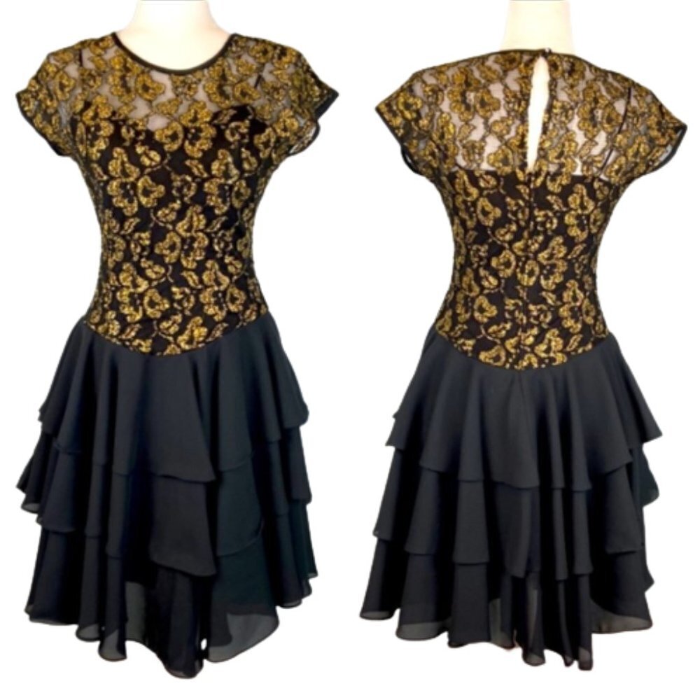 1990s Black & Gold Lace Dress / 90s Tiered Sleeveless Party Dress / Size 4